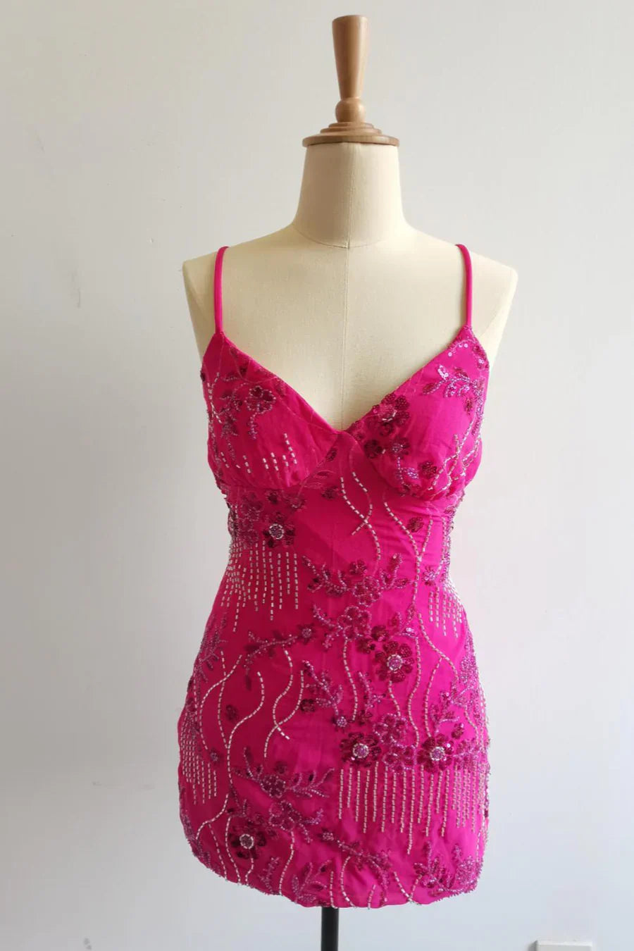 Red Beaded Straps Fitted Mini Dress