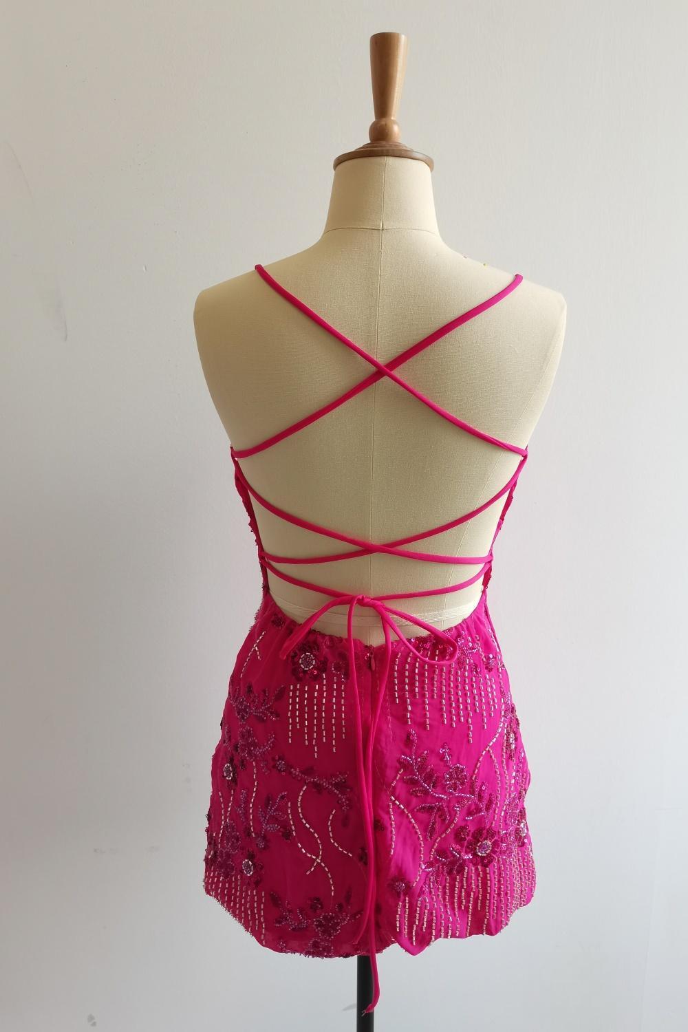 Spaghetti Straps Beaded Orange Mini Dress