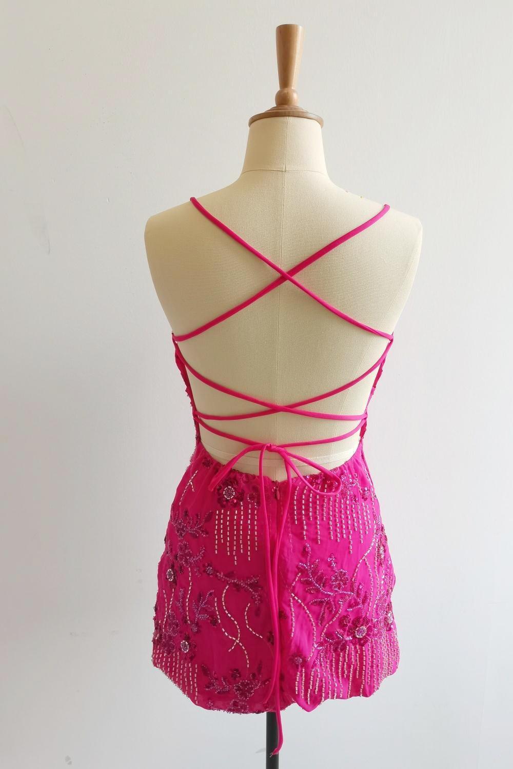 Spaghetti Straps Beaded Fuchsia Mini Dress