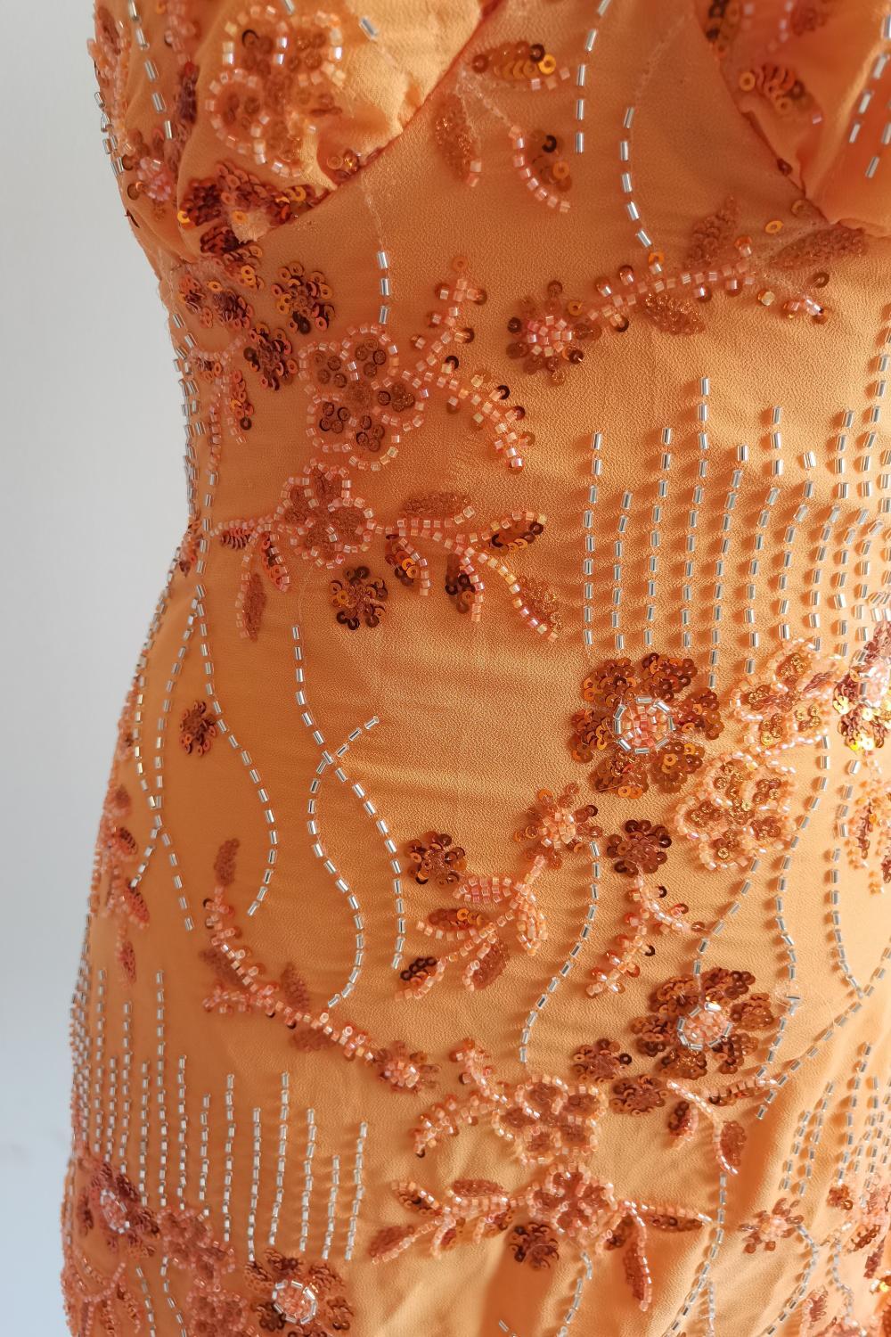 Spaghetti Straps Beaded Orange Mini Dress