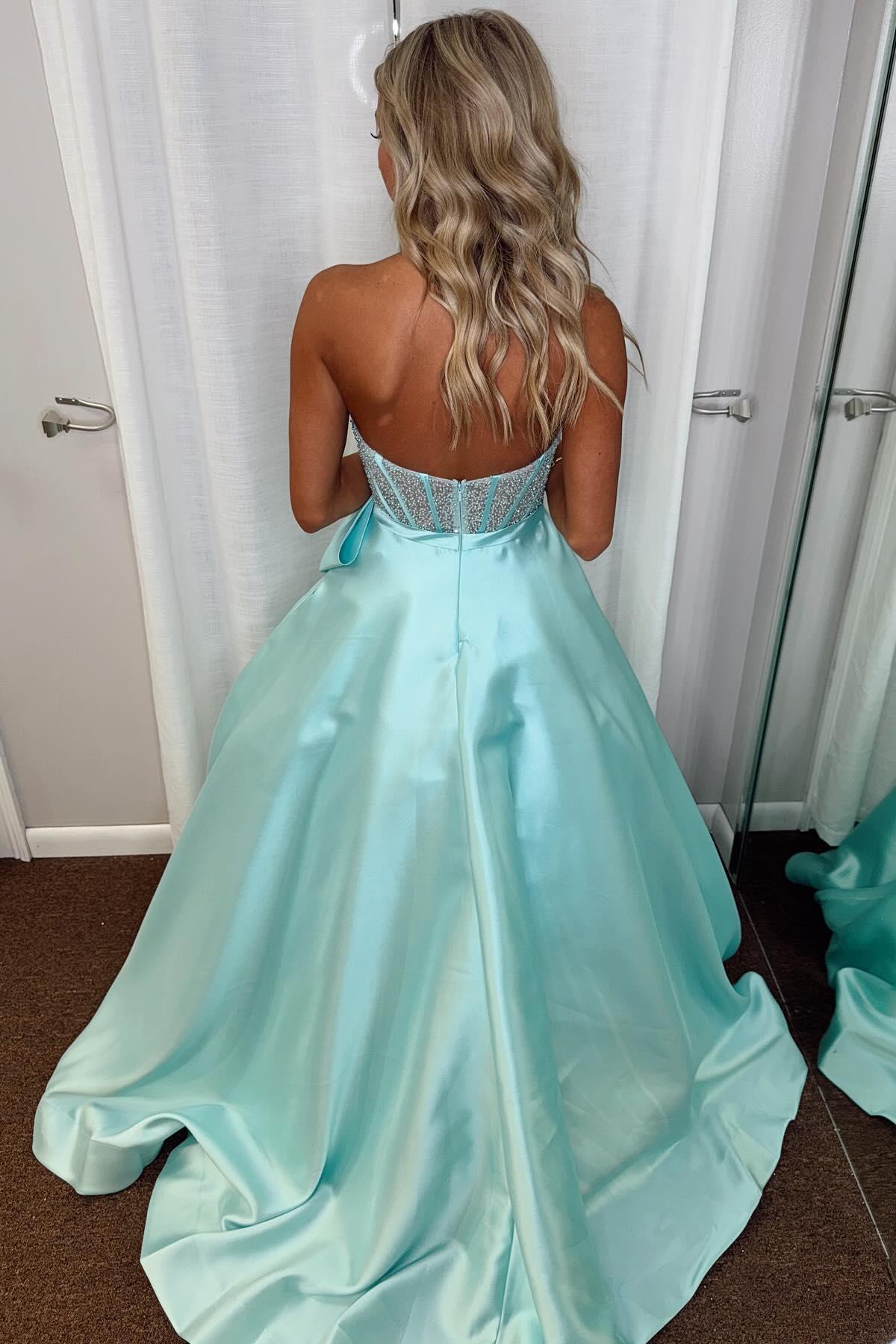 Strapless Purple Beaded Long Dress with Bow