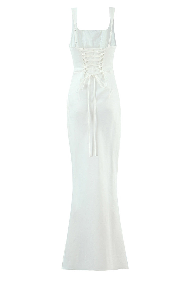 Square Neck Navy Blue Ruched Fitted Long Dress