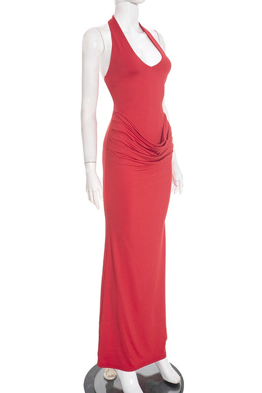 Red Halter Fitted Ruched Long Dress