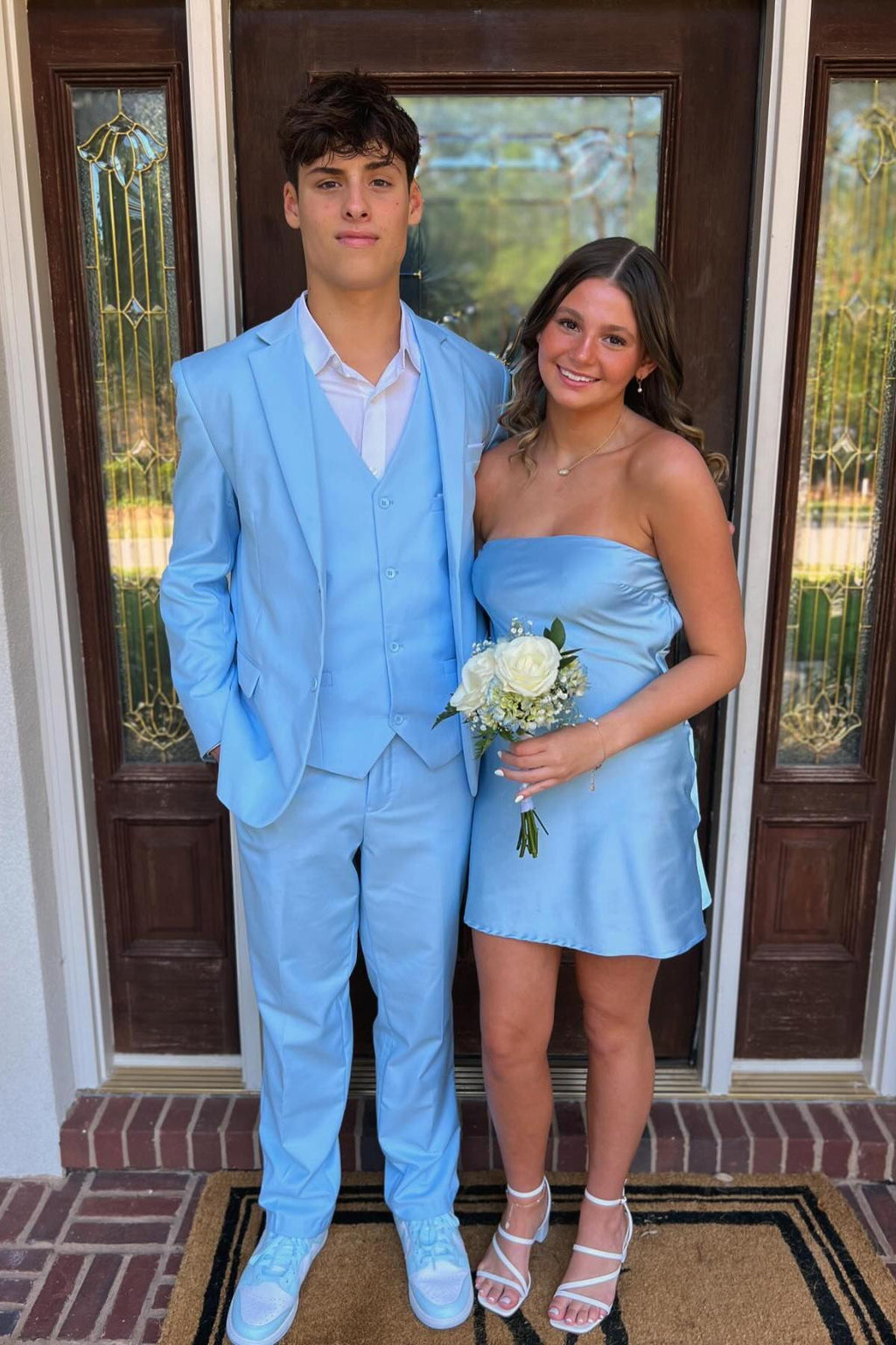 Strapless Blue Back Tie Short Dress