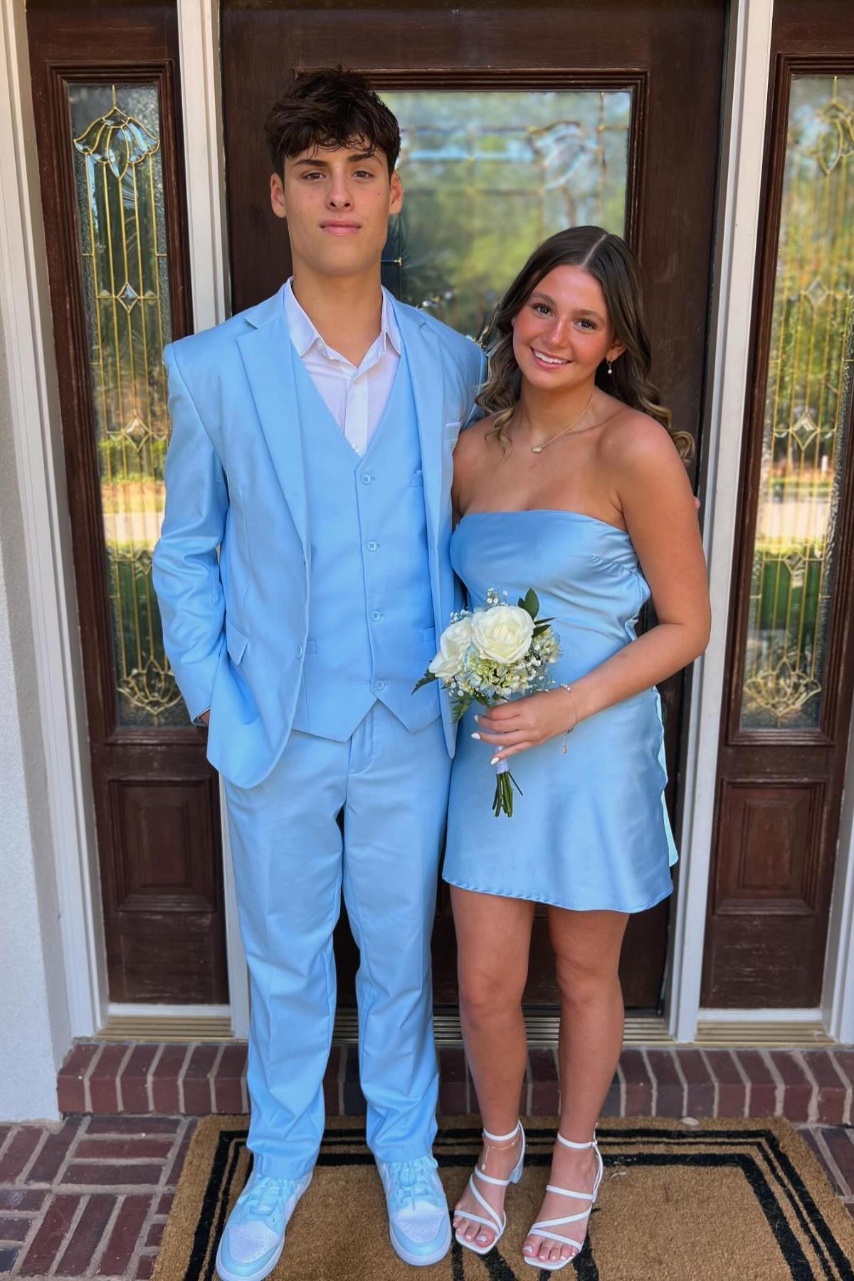 Strapless Blue Back Tie Short Dress