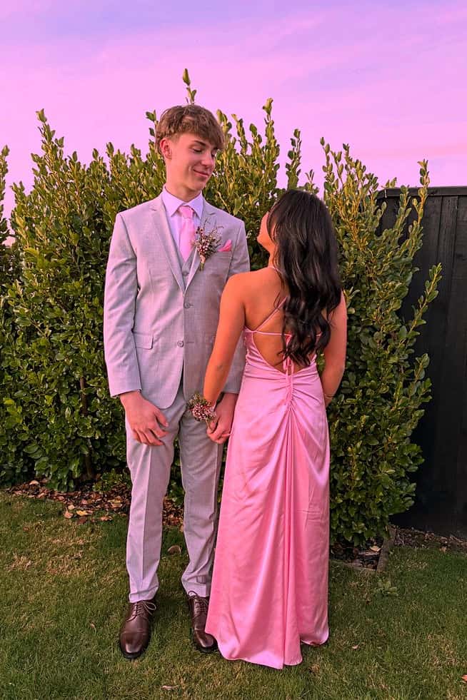 Spaghetti Straps Pink Back Tie Long Dress