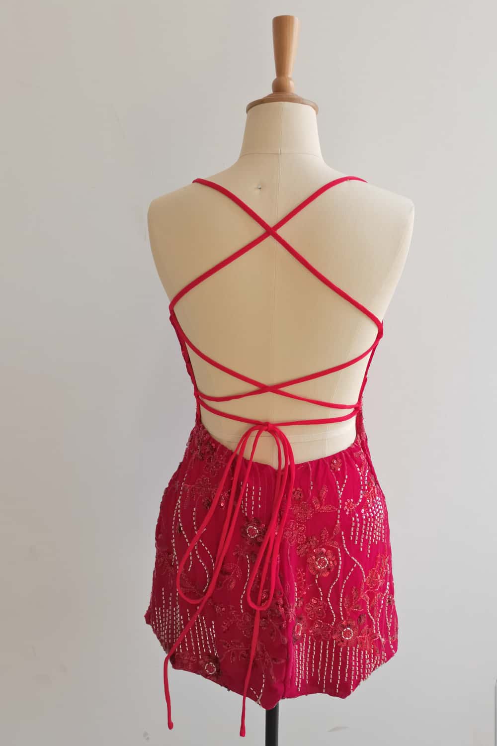 Spaghetti Straps Beaded Pink Mini Dress