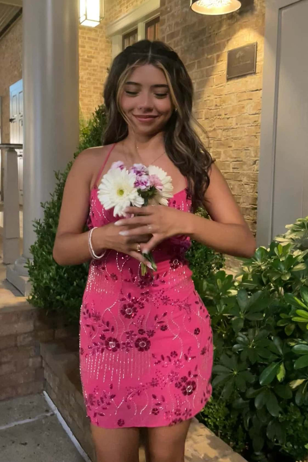 Spaghetti Straps Beaded Pink Mini Dress