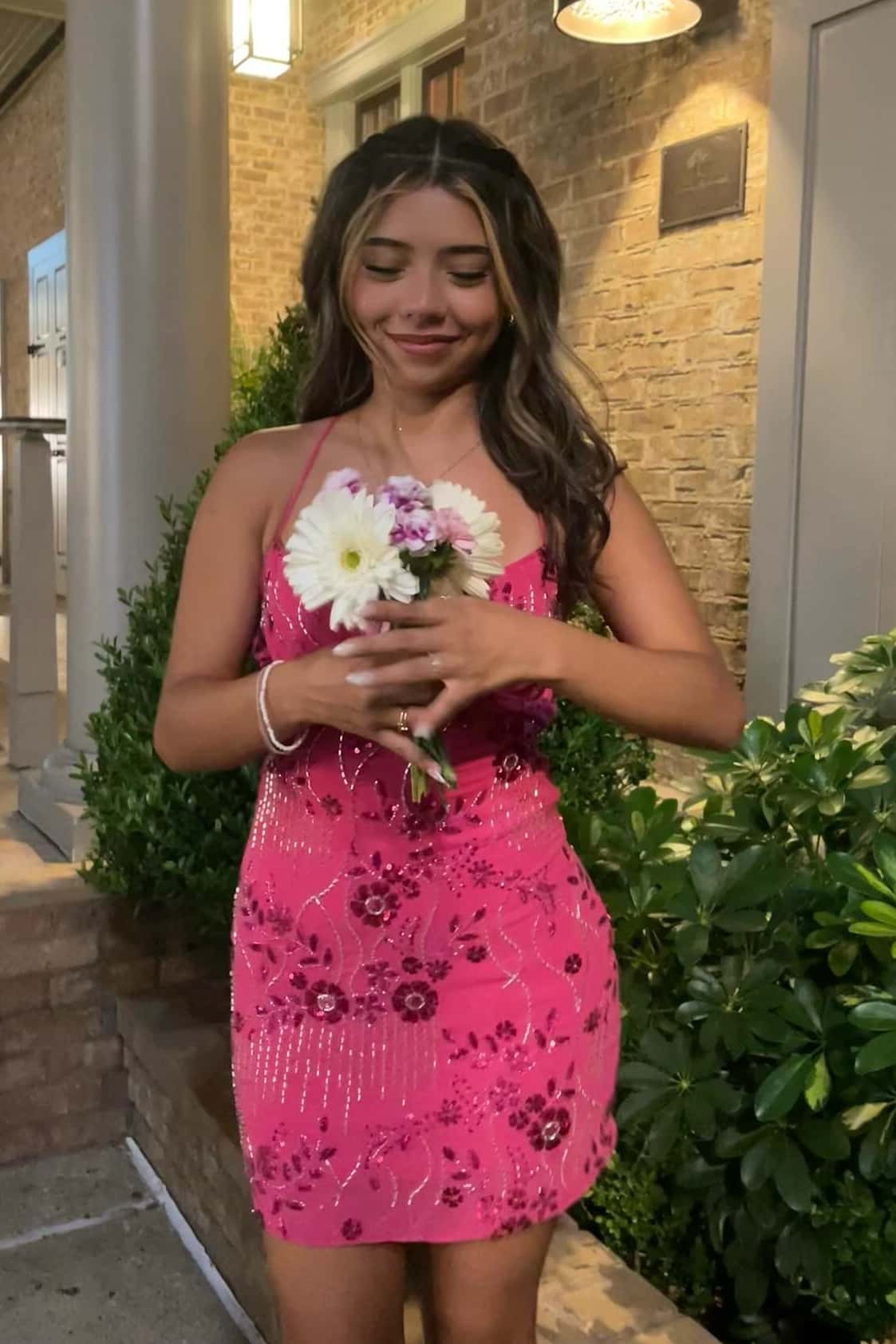 Spaghetti Straps Beaded Pink Mini Dress