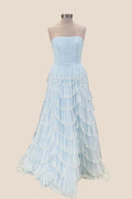 Light Blue Tulle Ruffle A-line Gown