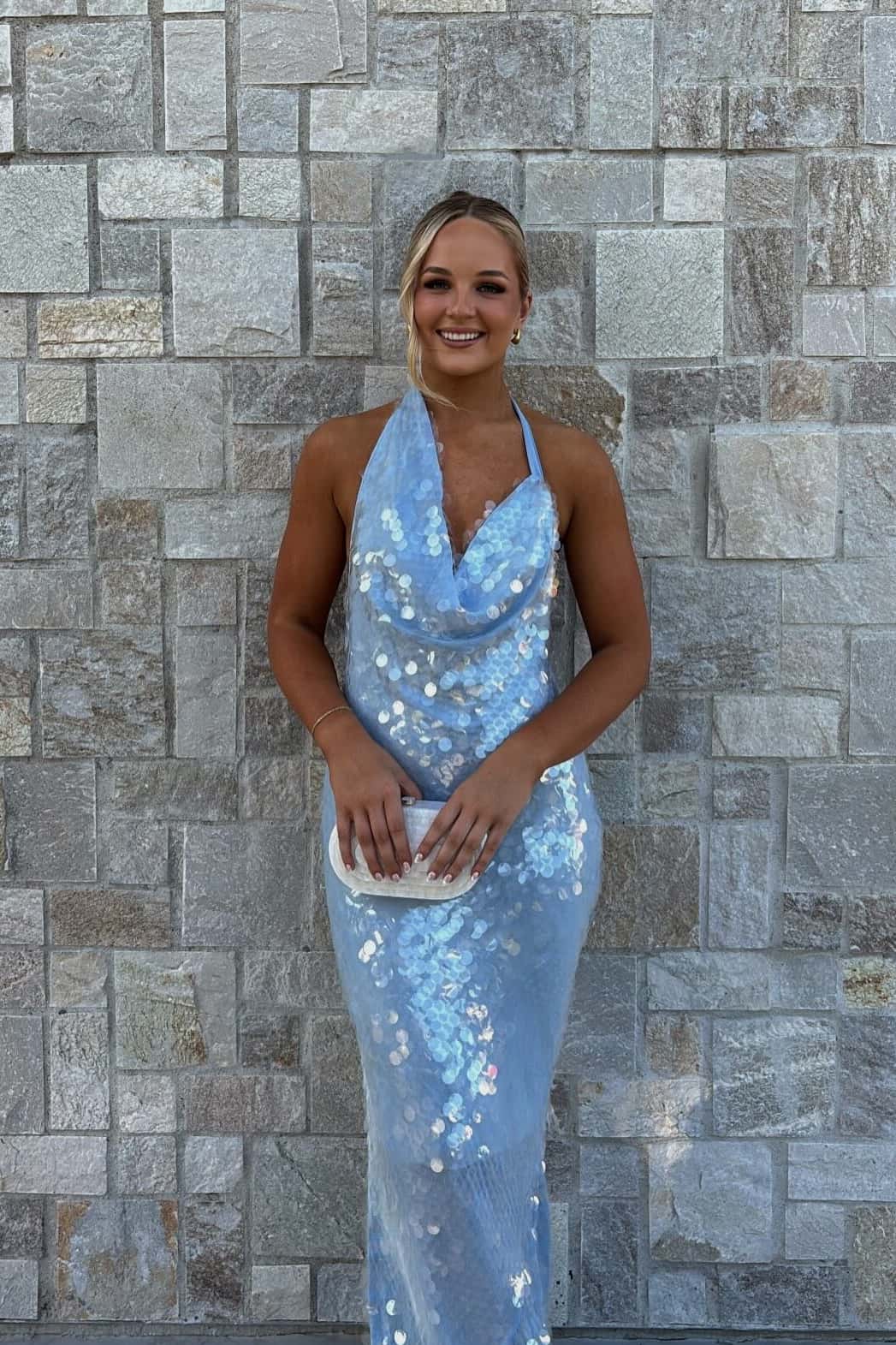 Blue Sequin Cowl Neck Fitted Long Dress