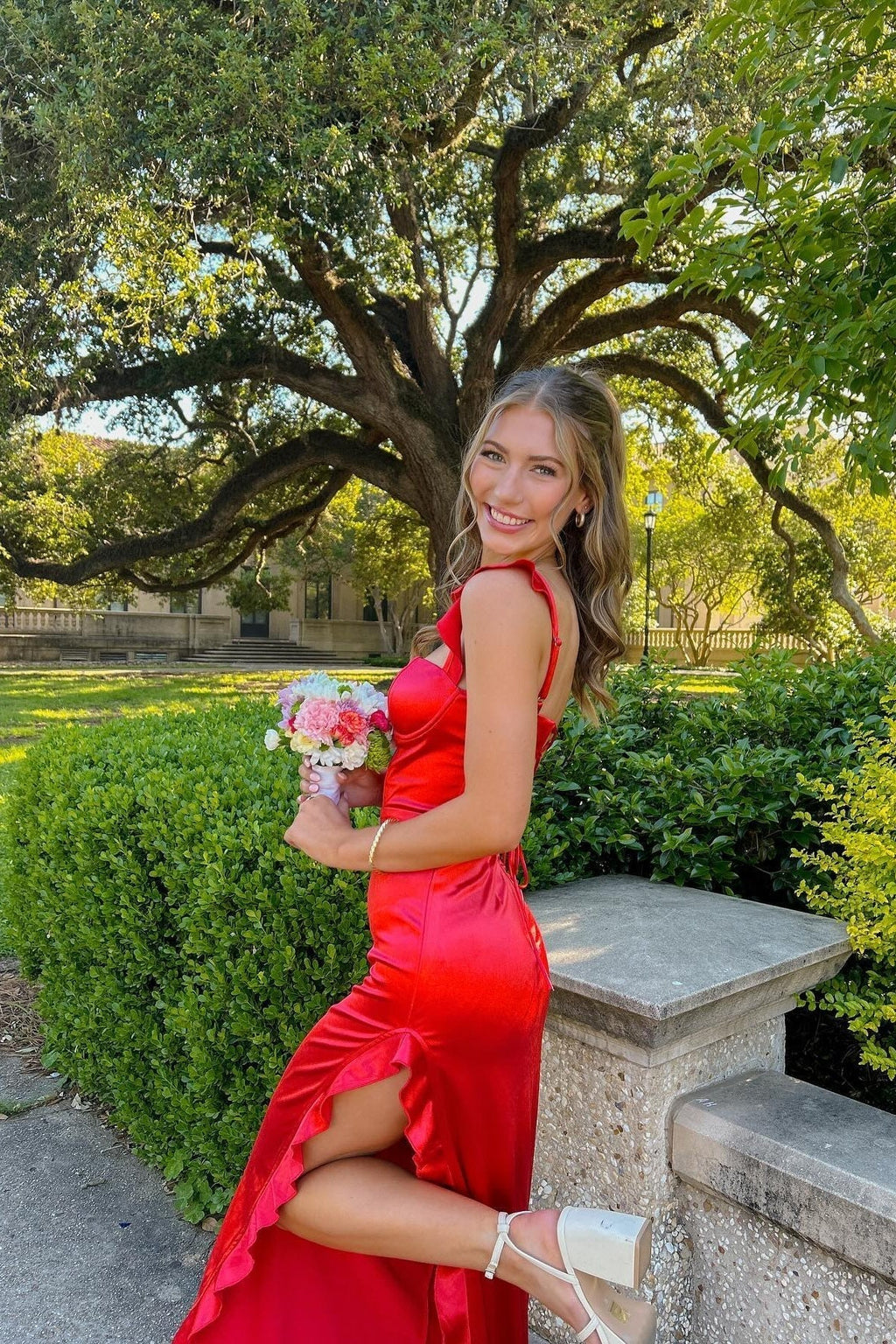 Ruffle Straps Red Satin Slit Dress