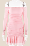 Off the Shoulder Pink Ruffle Hem Short Dress