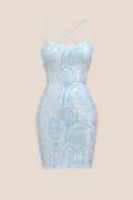 Square Neck Light Blue Short Dress with Sequin
