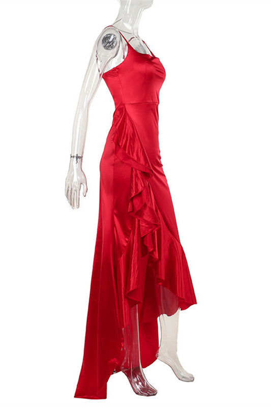 Square Neck Red Ruffle Long Dress
