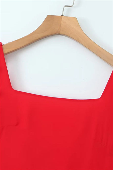Square Collar Red Ruffle Long Dress with Slit