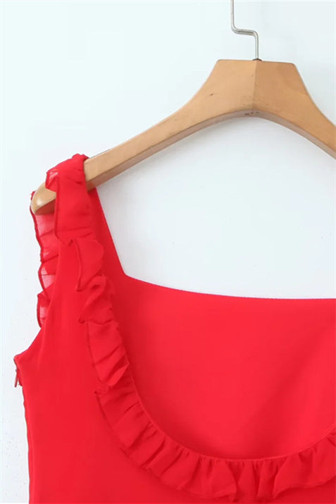 Square Collar Red Ruffle Long Dress with Slit