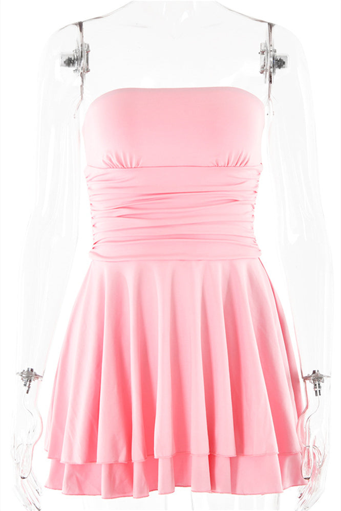 Strapless Orange Ruffle Ruched Short Dress