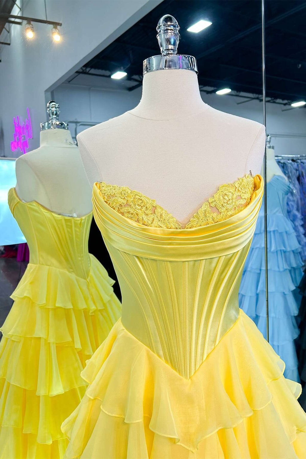 Strapless Yellow Tiered Chiffon Long Dress with Slit