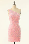 One Shoulder Pink Sequin Bodycon Mini Dress