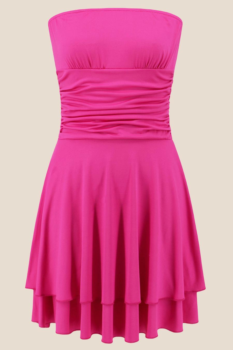 Strapless Orange Ruffle Ruched Short Dress