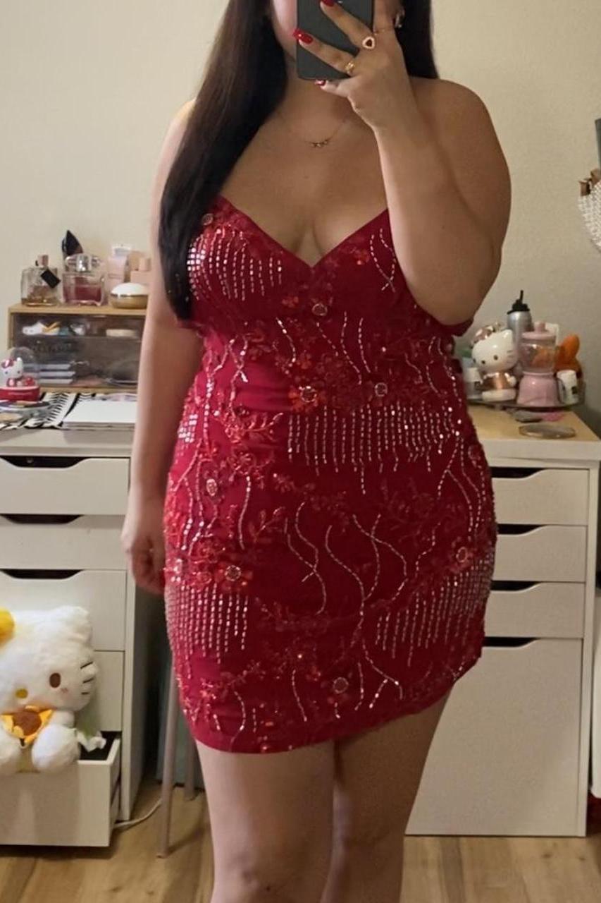 Spaghetti Straps Beaded Fuchsia Mini Dress