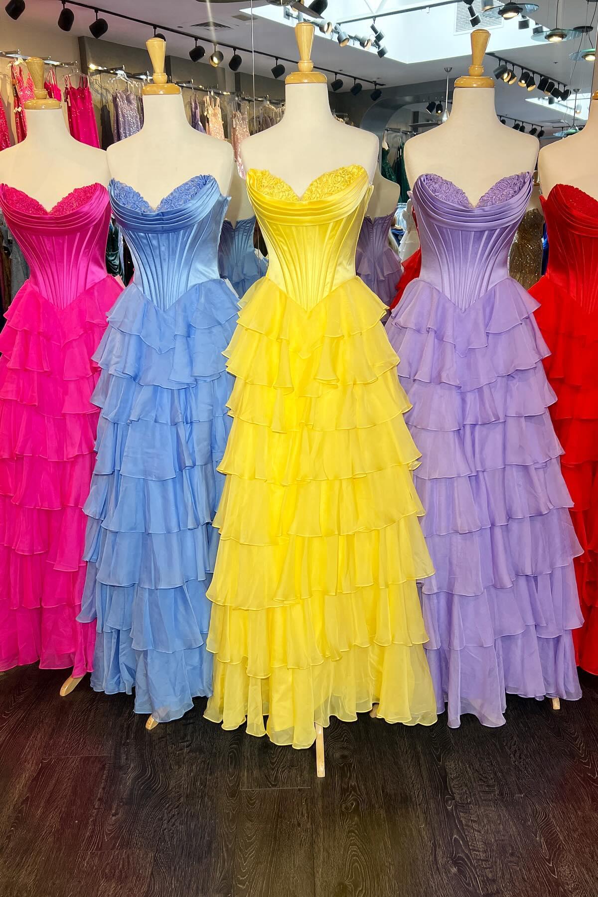 Strapless Yellow Tiered Chiffon Long Dress with Slit