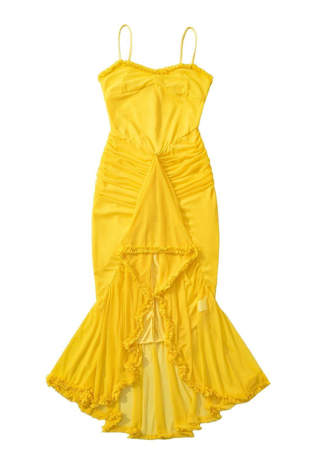 Straps Yellow Ruffled Front Irregular Long Dress